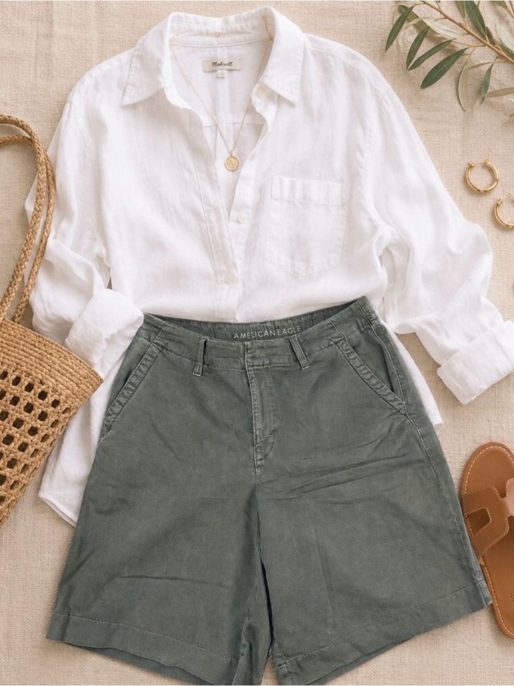 American Eagle High Waist Trouser Bermuda Shorts in Olive Green, Size 10